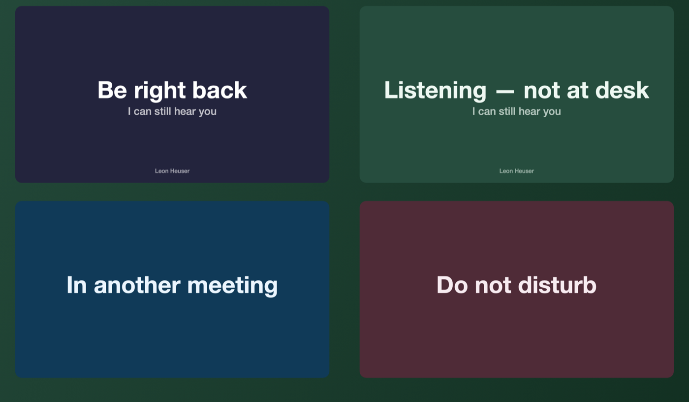 Four status card presets: Be right back, Listening — not at desk, In another meeting, Do not disturb